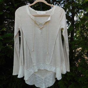 Vintage Havana Soft & Stretchy Hi-Lo Top with Lace-up Neck & Frayed Trim